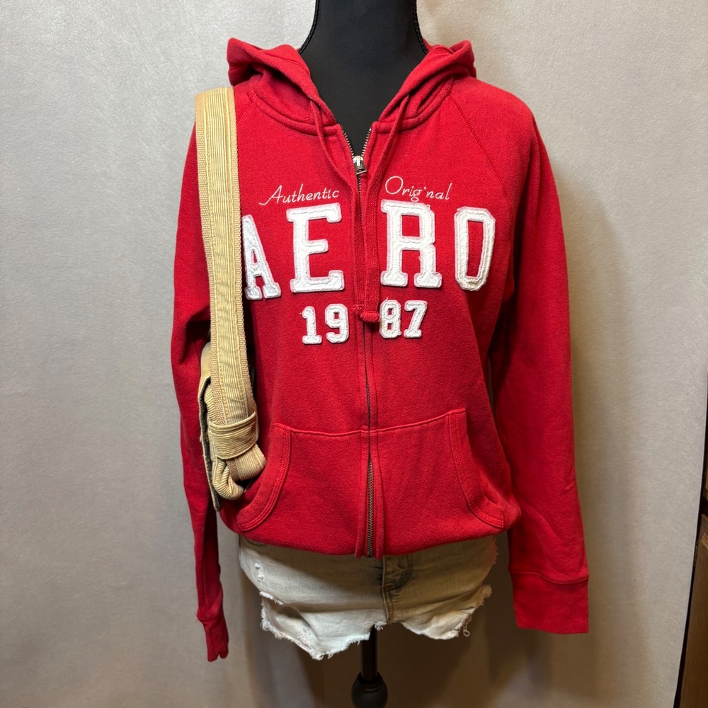 Aeropostale Womens Red Full Zip Hoodie Aero 1987 Graphic Sweatshirt Size M